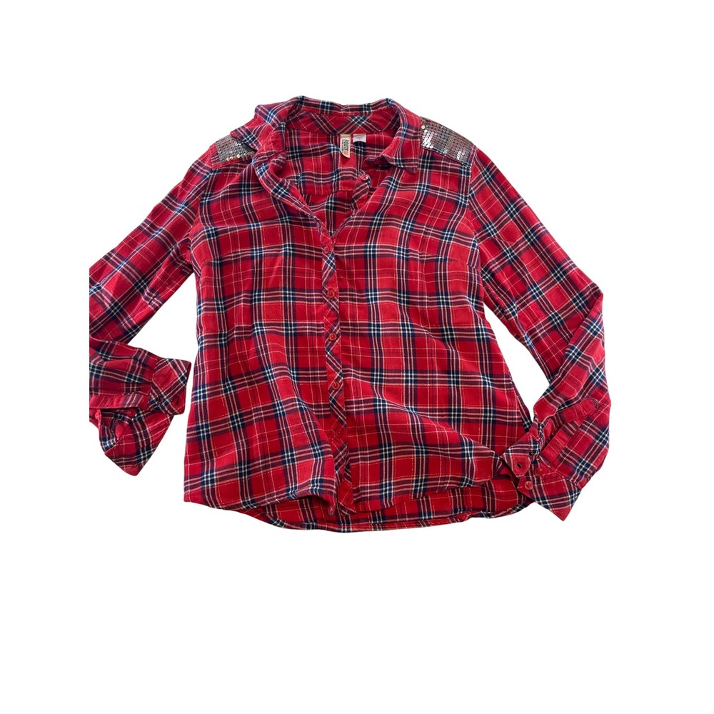 Route 66 Womens Flannel Shirt Button Up Plaid Long Sleeve Sequin Shoulder Medium